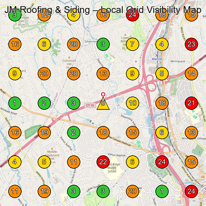 JM Roofing & Siding Roofing Contractor GeoGrid ranking map for Norwalk CT
